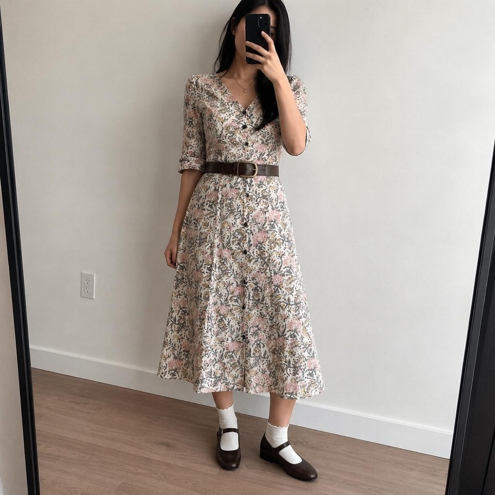 Vintage 100% Cotton Floral Paisley Button Up Dress Women L Cottagecore Boho